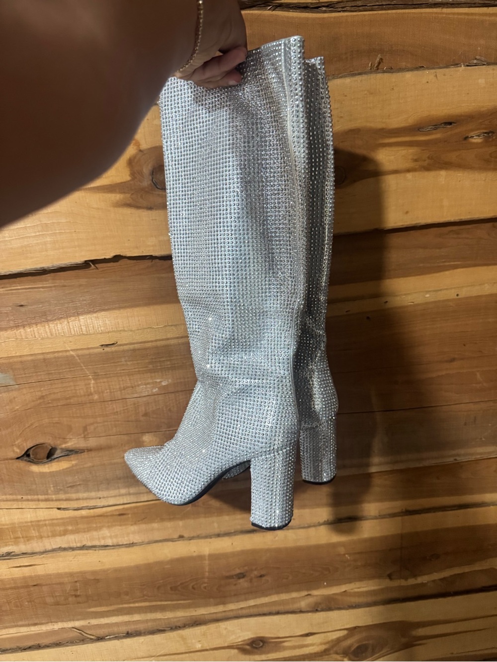 DSW Silver Rhinestone Knee-High Block Heel Boots